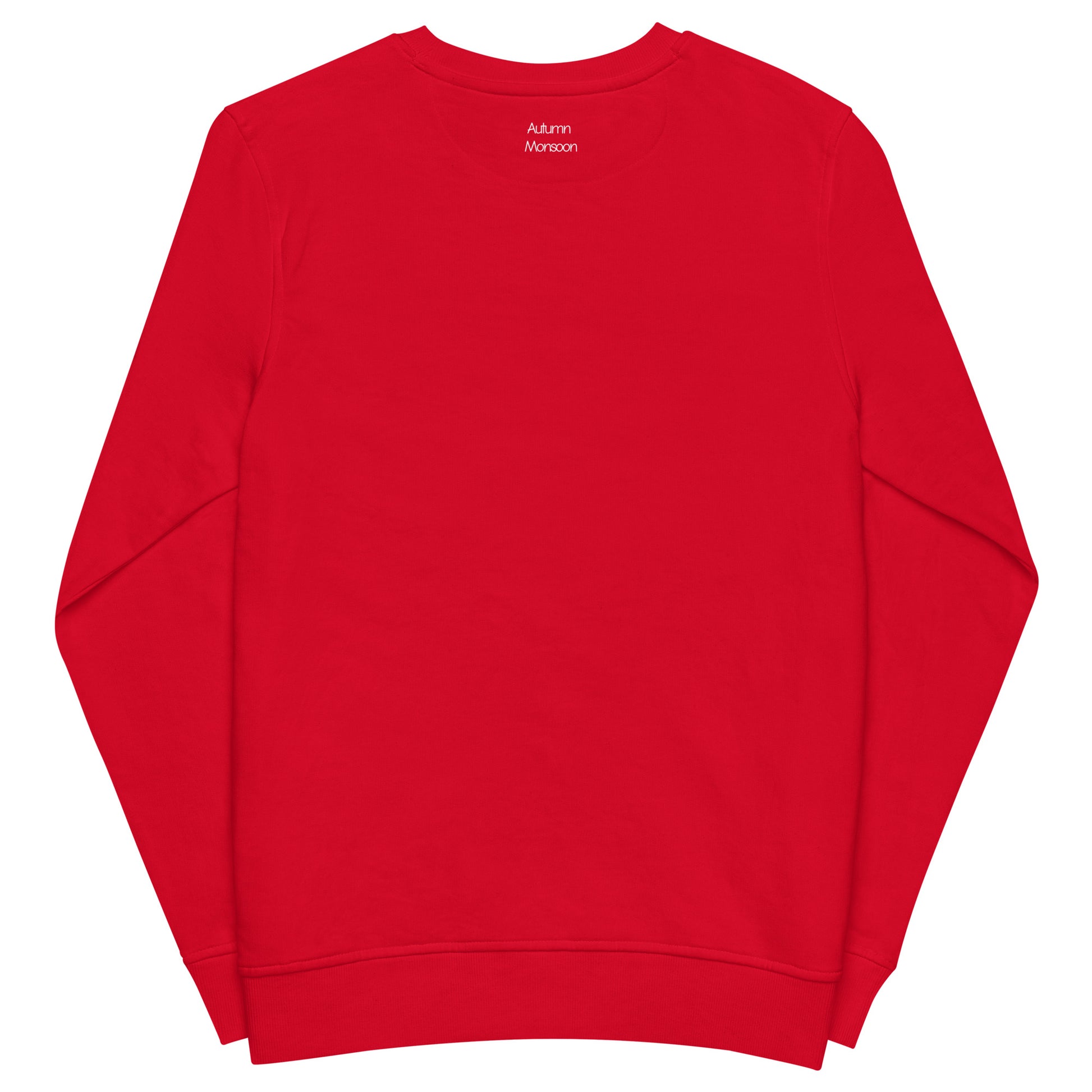 Red sweatshirt with white text on the back against a white background
