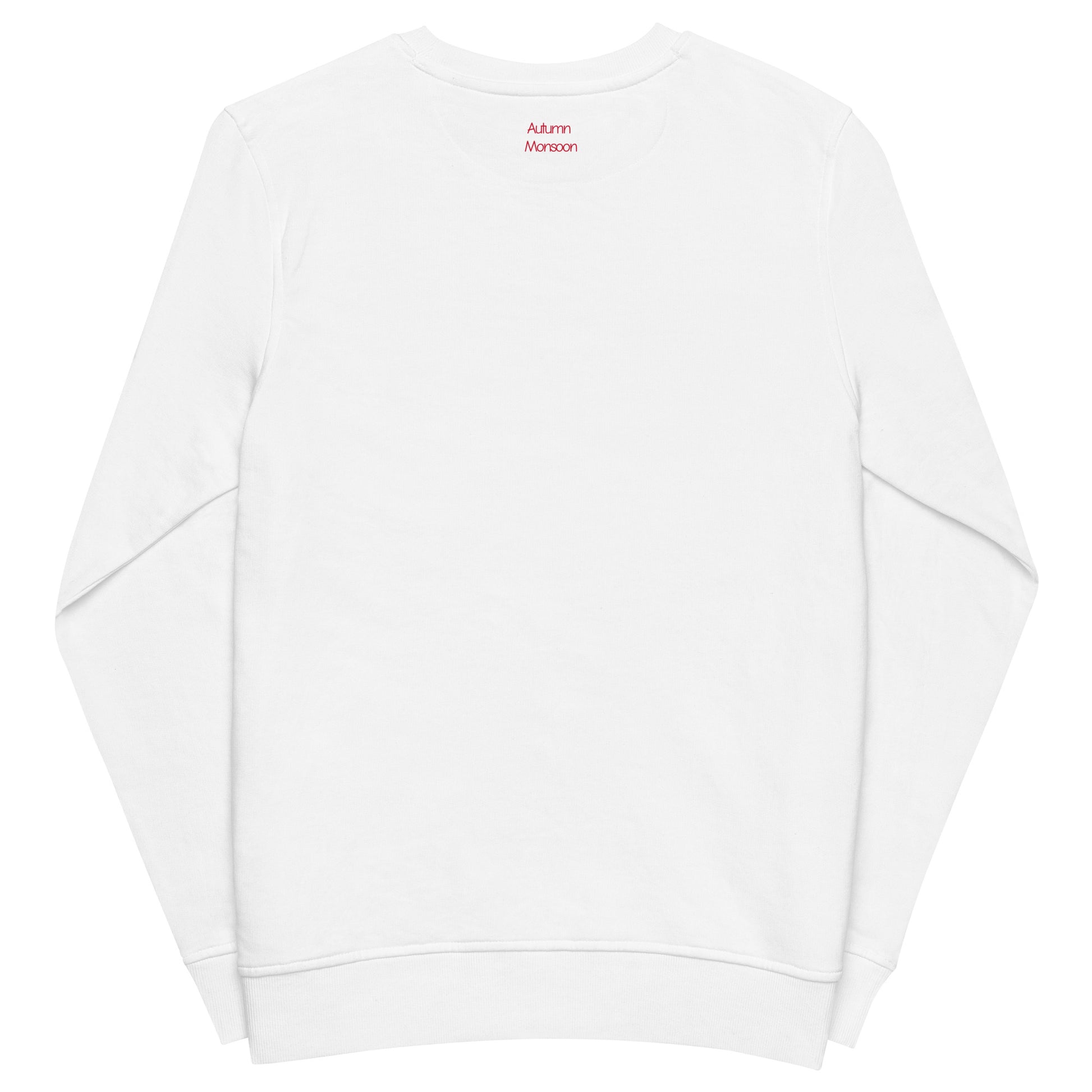White hoodie with brand logo on the back against a white background