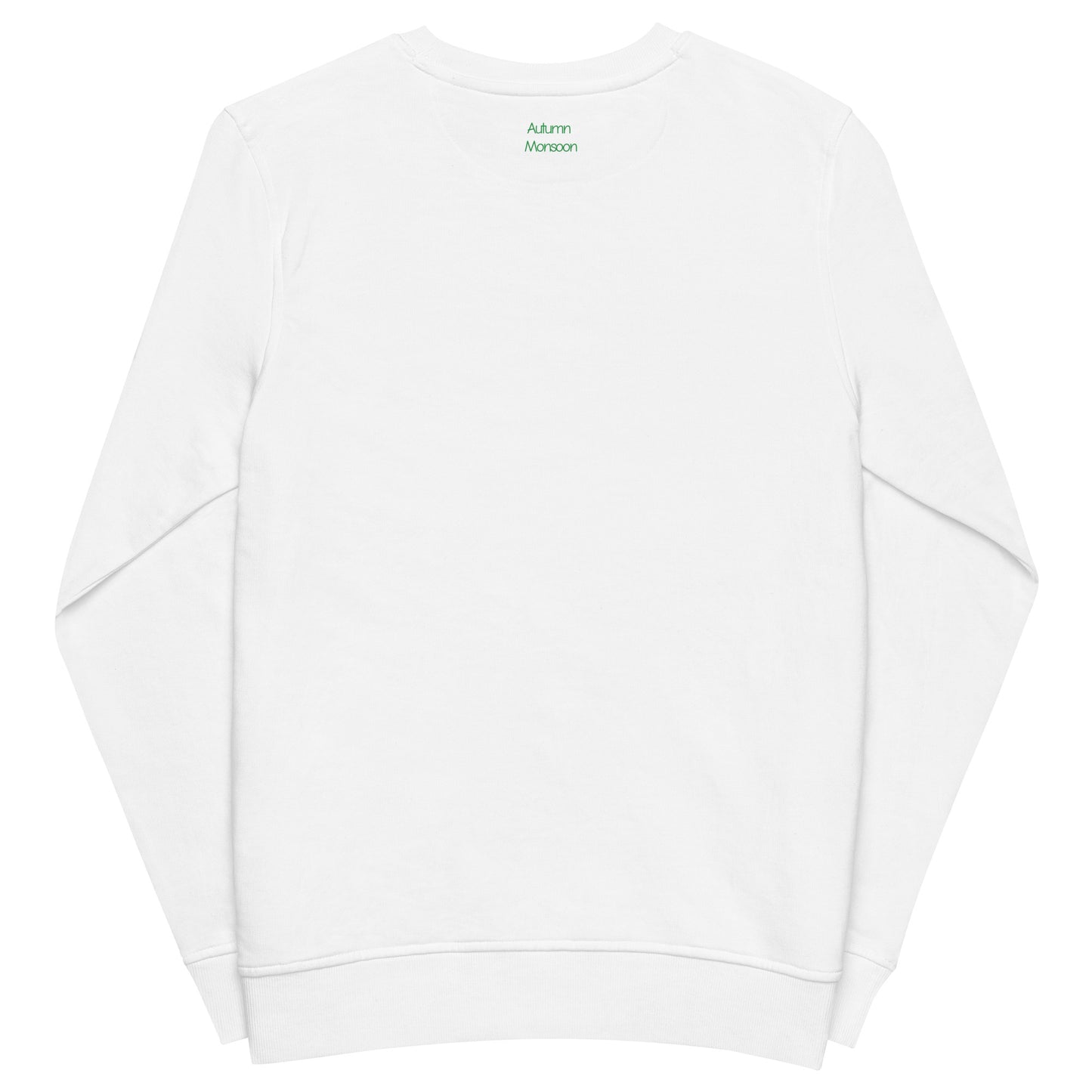 White sweatshirt  with brand logo on the back against a white background