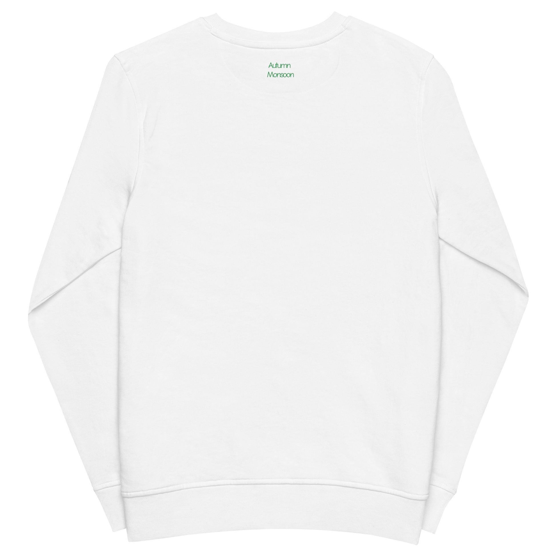 White sweatshirt  with brand logo on the back against a white background