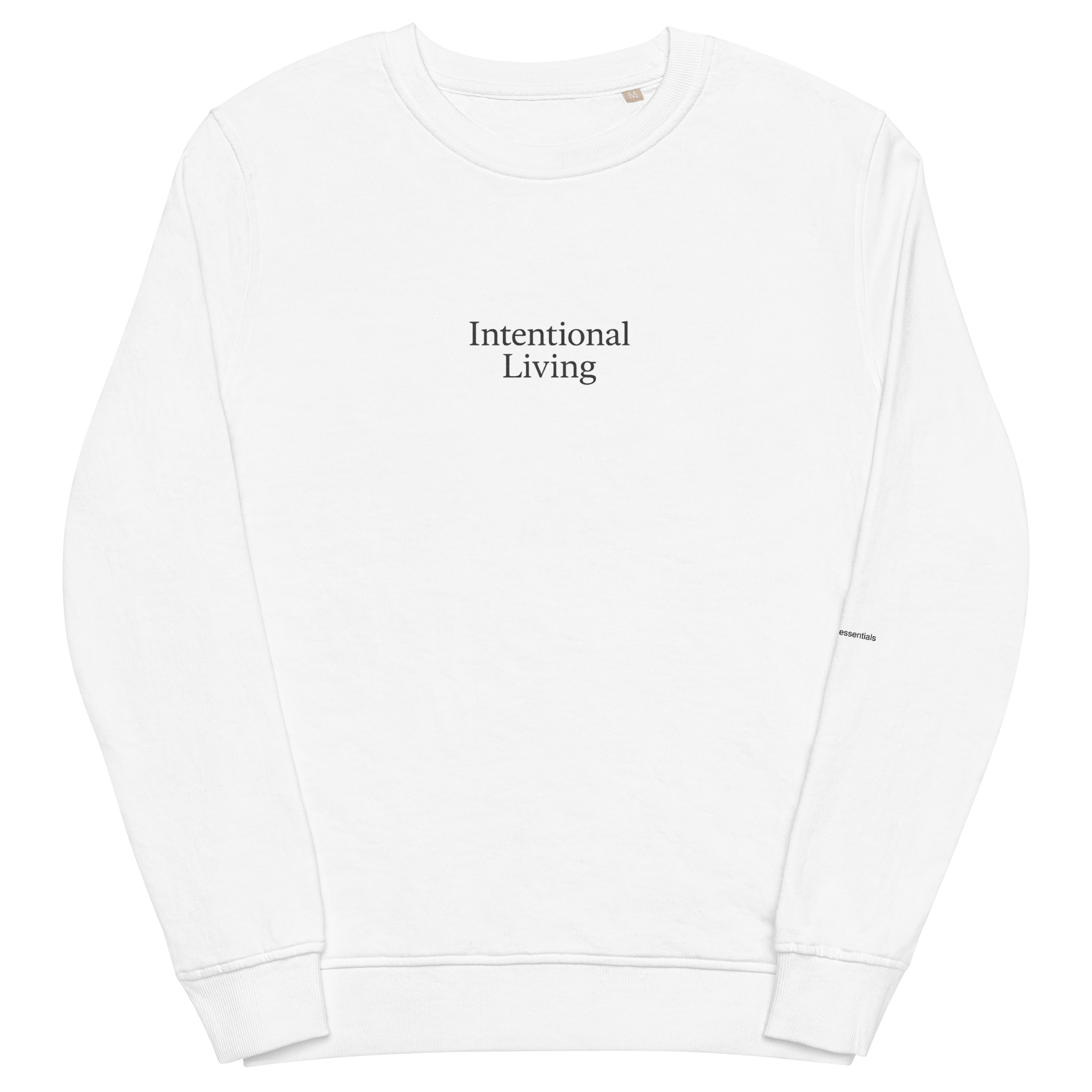 White sweatshirt with 'Intentional Living' text on a white background