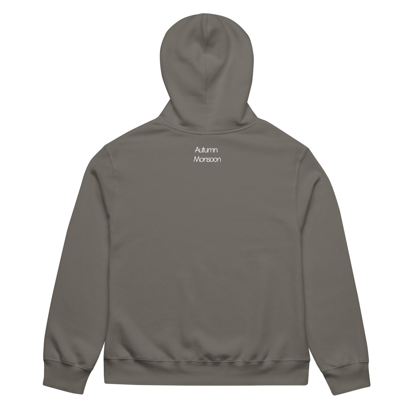 Gray hoodie with 'Autumn Monsoon' text on the back against a white background