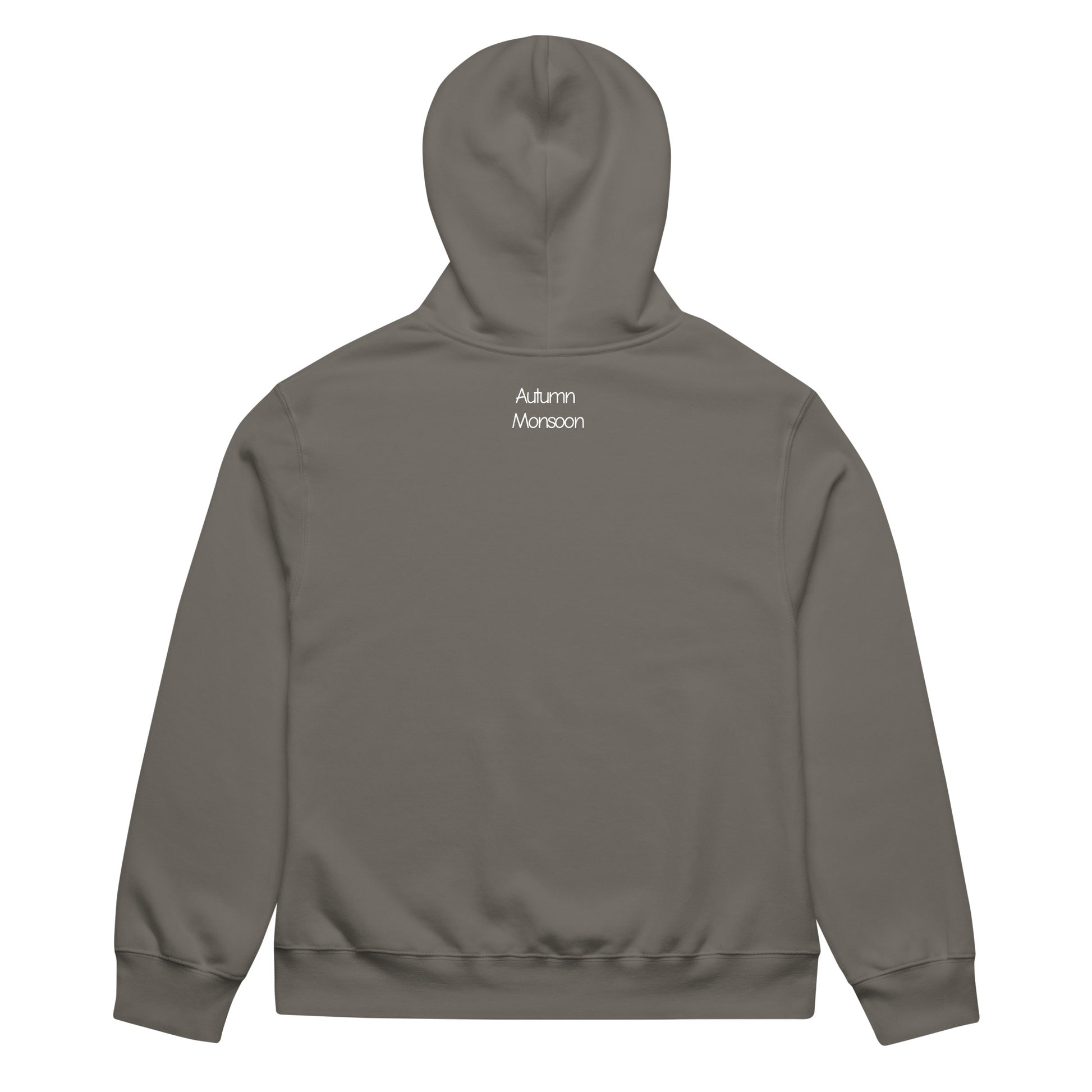 Gray hoodie with 'Autumn Monsoon' text on the back against a white background