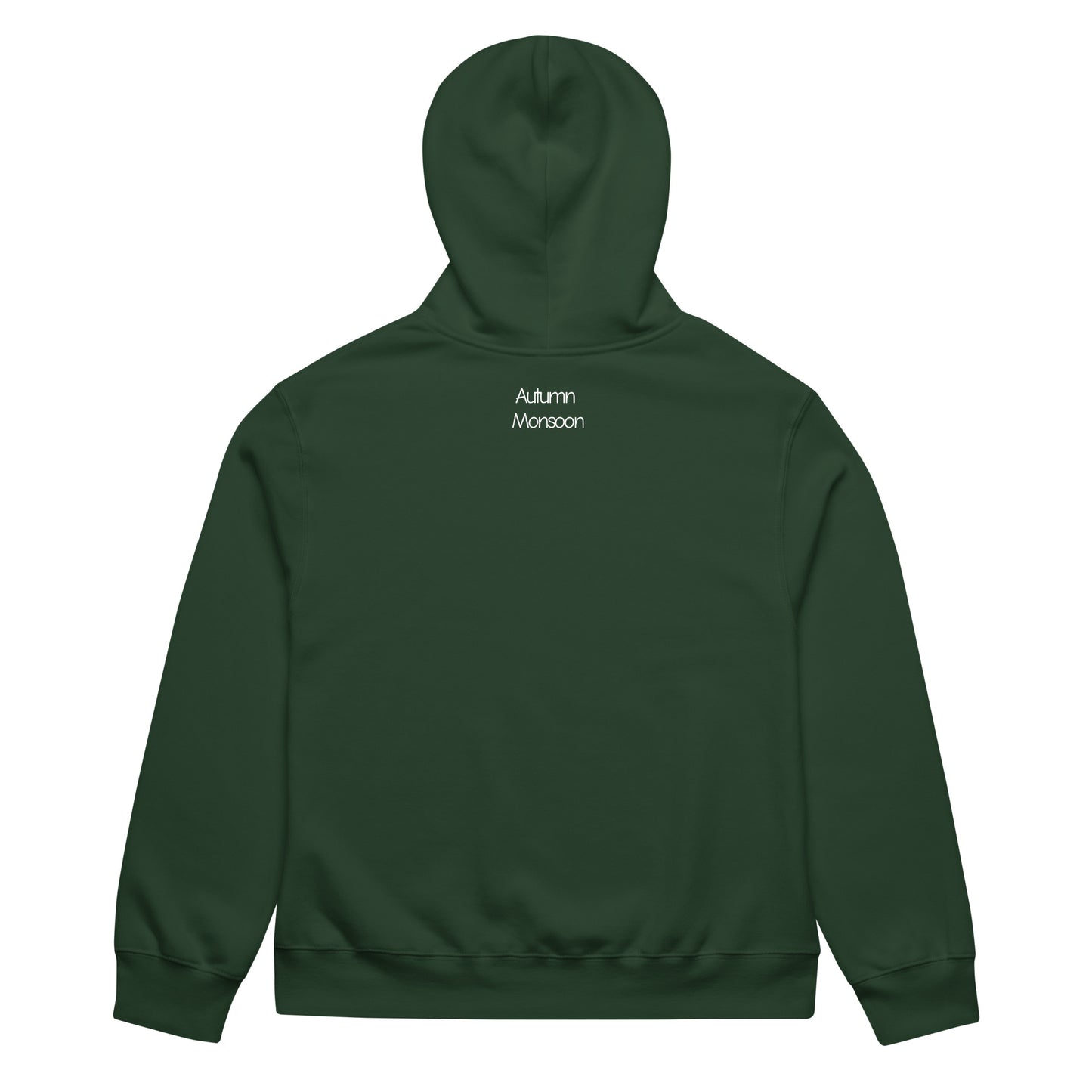 Green hoodie with 'Autumn Monsoon' text on the back against a white background