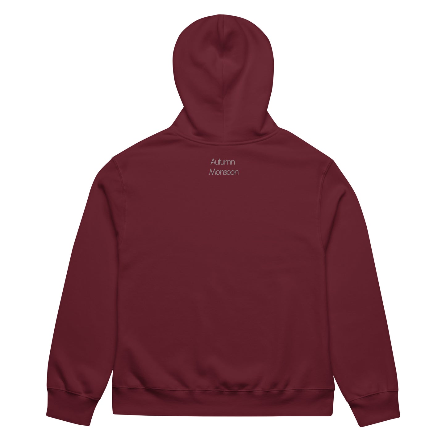 Maroon hoodie with 'Autumn Monsoon' text on the back against a white background