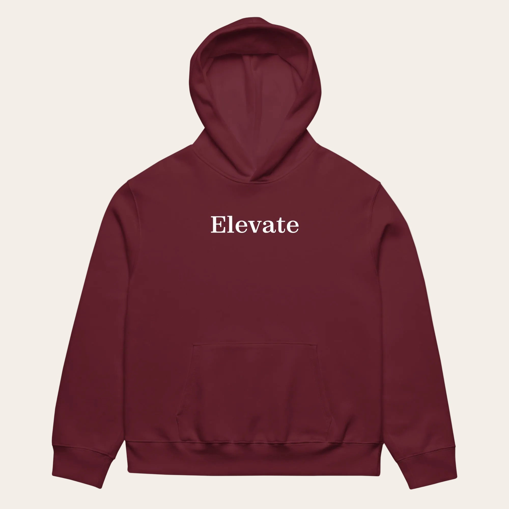 Maroon hoodie with 'Elevate' text on a white background