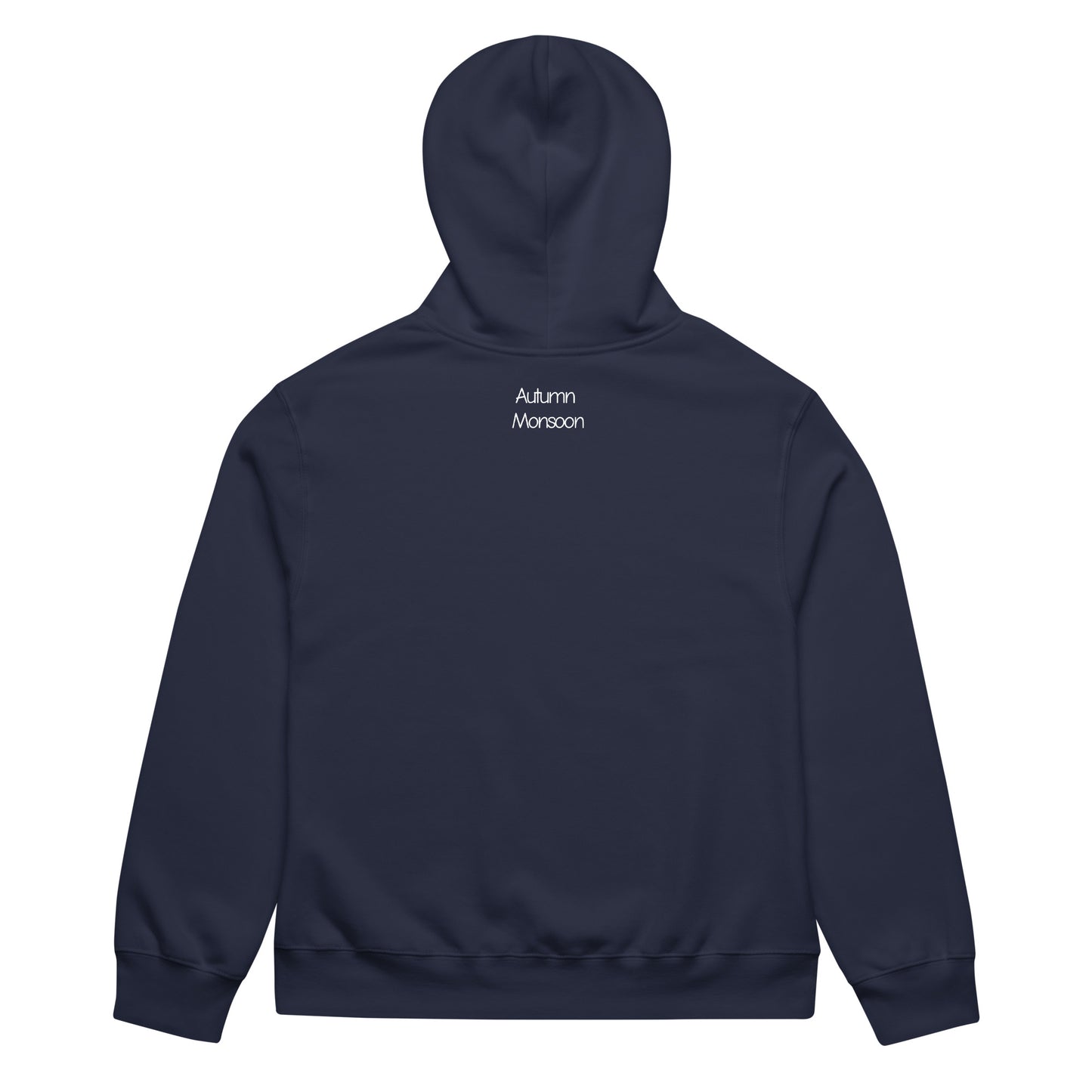 Navy blue hoodie with 'Autumn Monsoon' text on the back against a white background