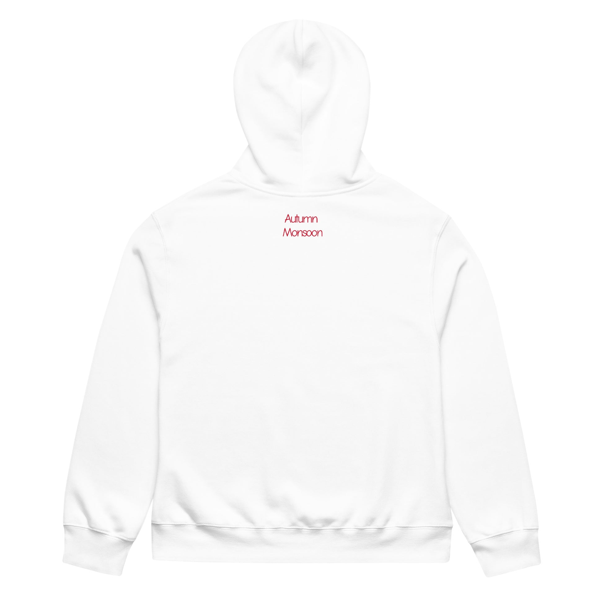 White hoodie with red text on the back against a white background