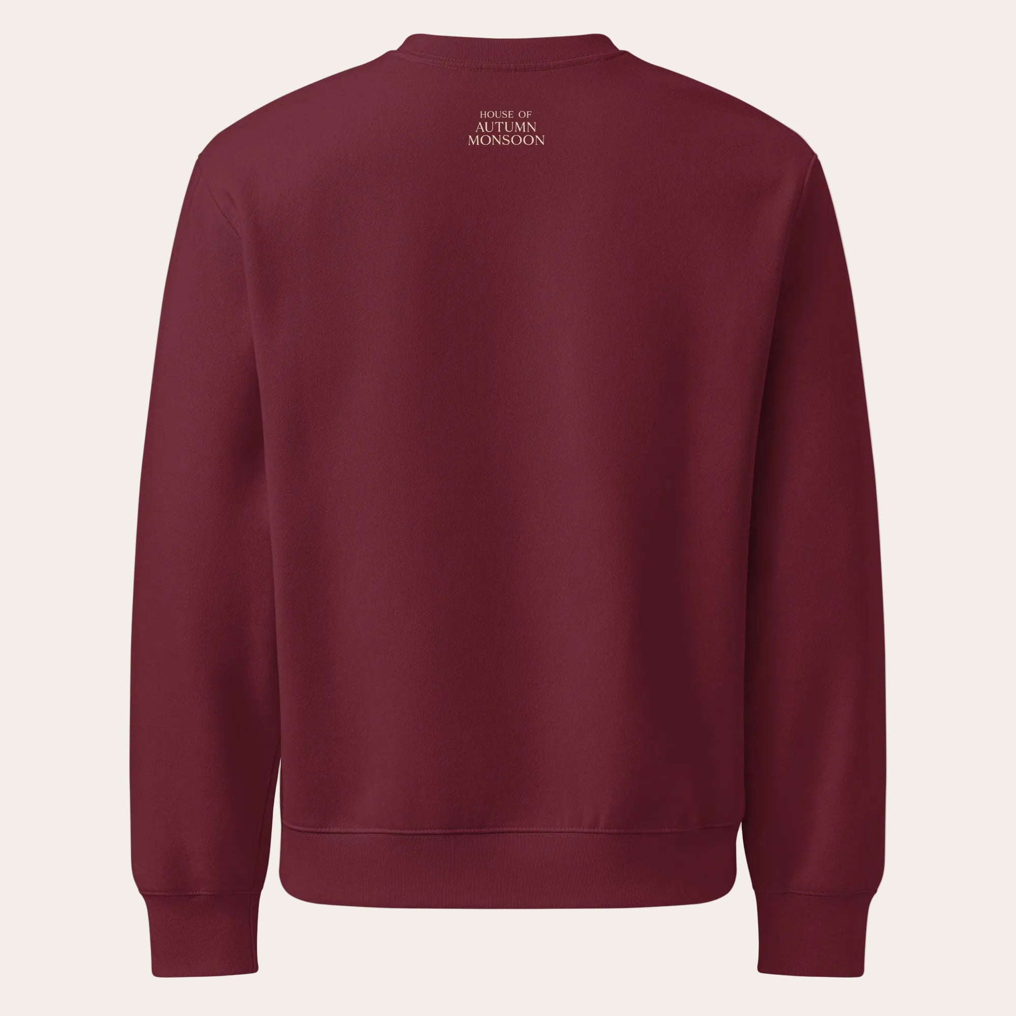Maroon sweatshirt with text on the back against a white background