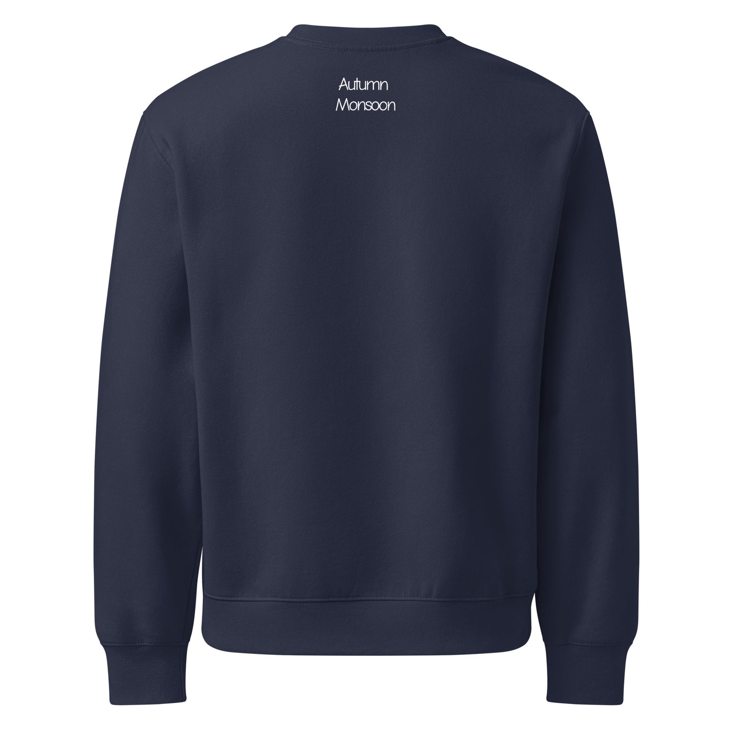 Navy blue sweatshirt with 'Autumn Monsoon' text on the back against a white background