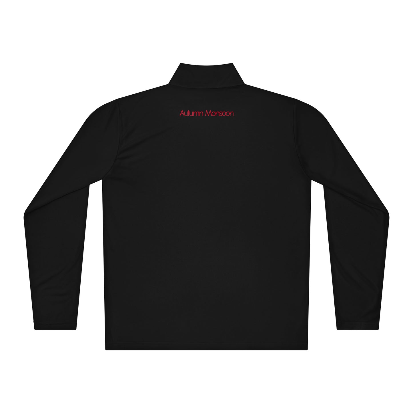 Black long-sleeve shirt with a red logo on the back against a white background