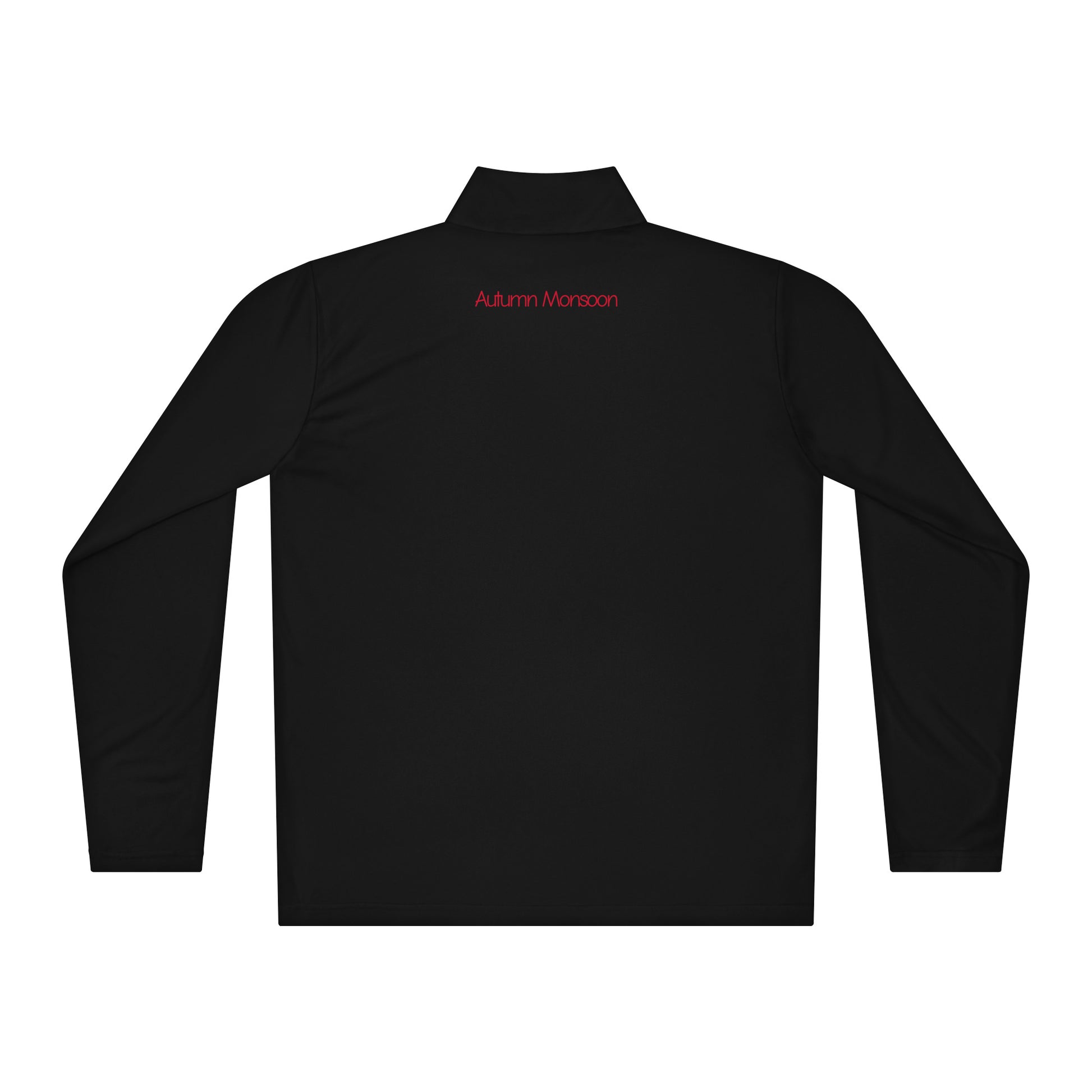 Black long-sleeve shirt with a red logo on the back against a white background