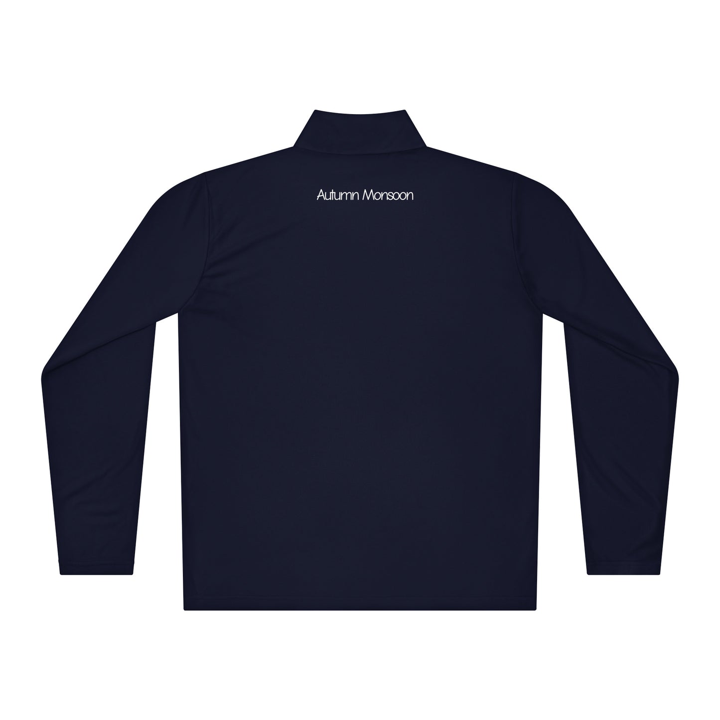 Navy long-sleeve shirt with 'Autumn Monsoon' branding on a white background