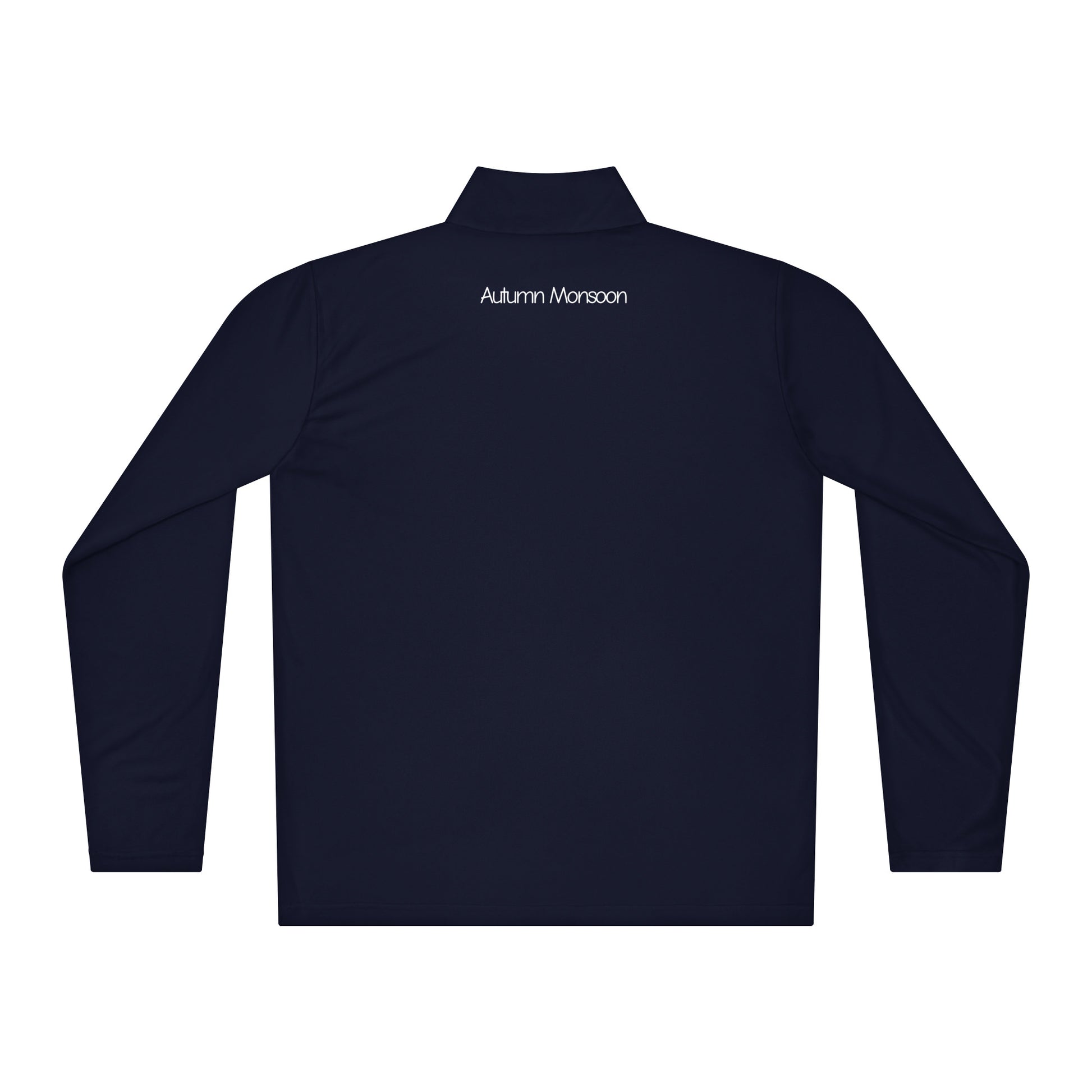 Navy long-sleeve shirt with 'Autumn Monsoon' branding on a white background