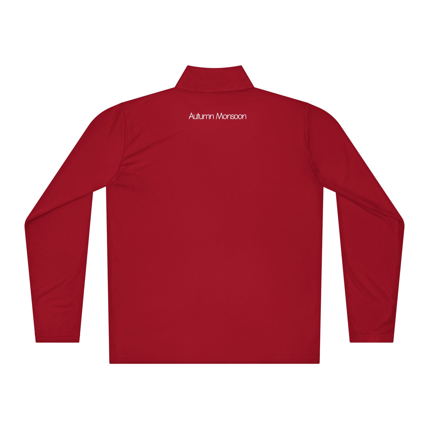 Red long-sleeve shirt with 'Autumn Monsoon' text on a white background