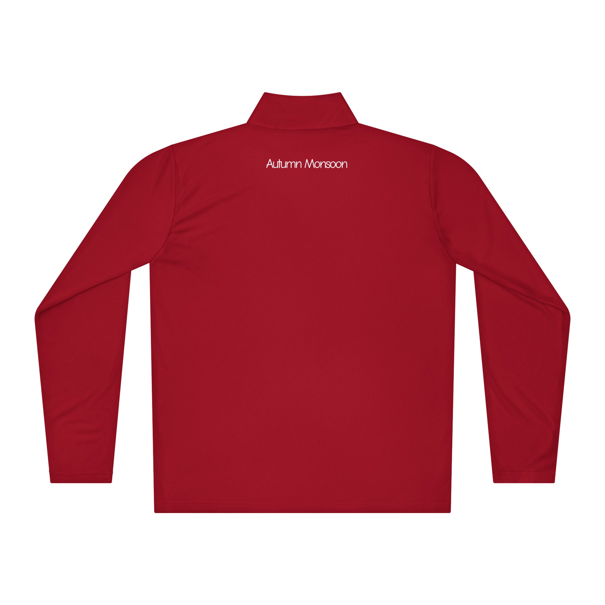 Red long-sleeve shirt with 'Autumn Monsoon' text on a white background