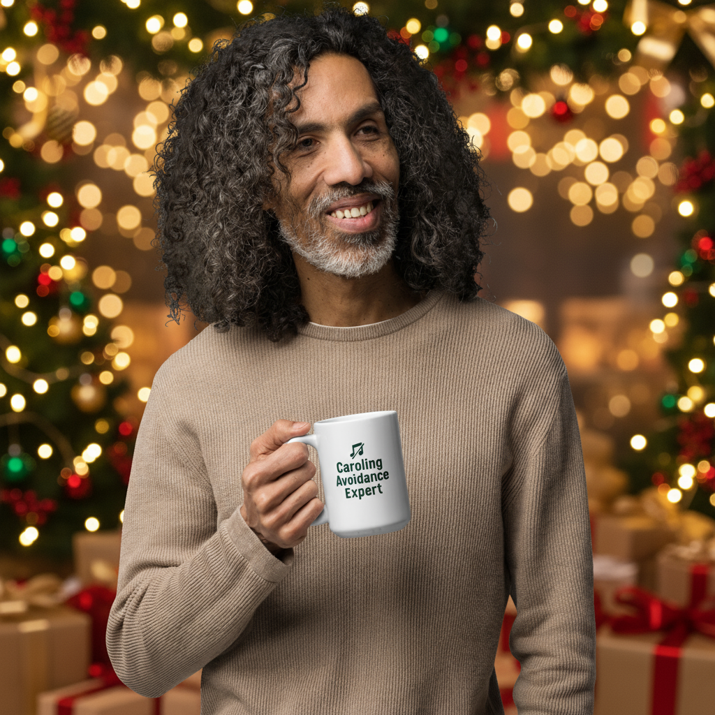 Man holding a mug with 'Caroling Avoidance Expert' text in a festive setting with Christmas trees and lights.