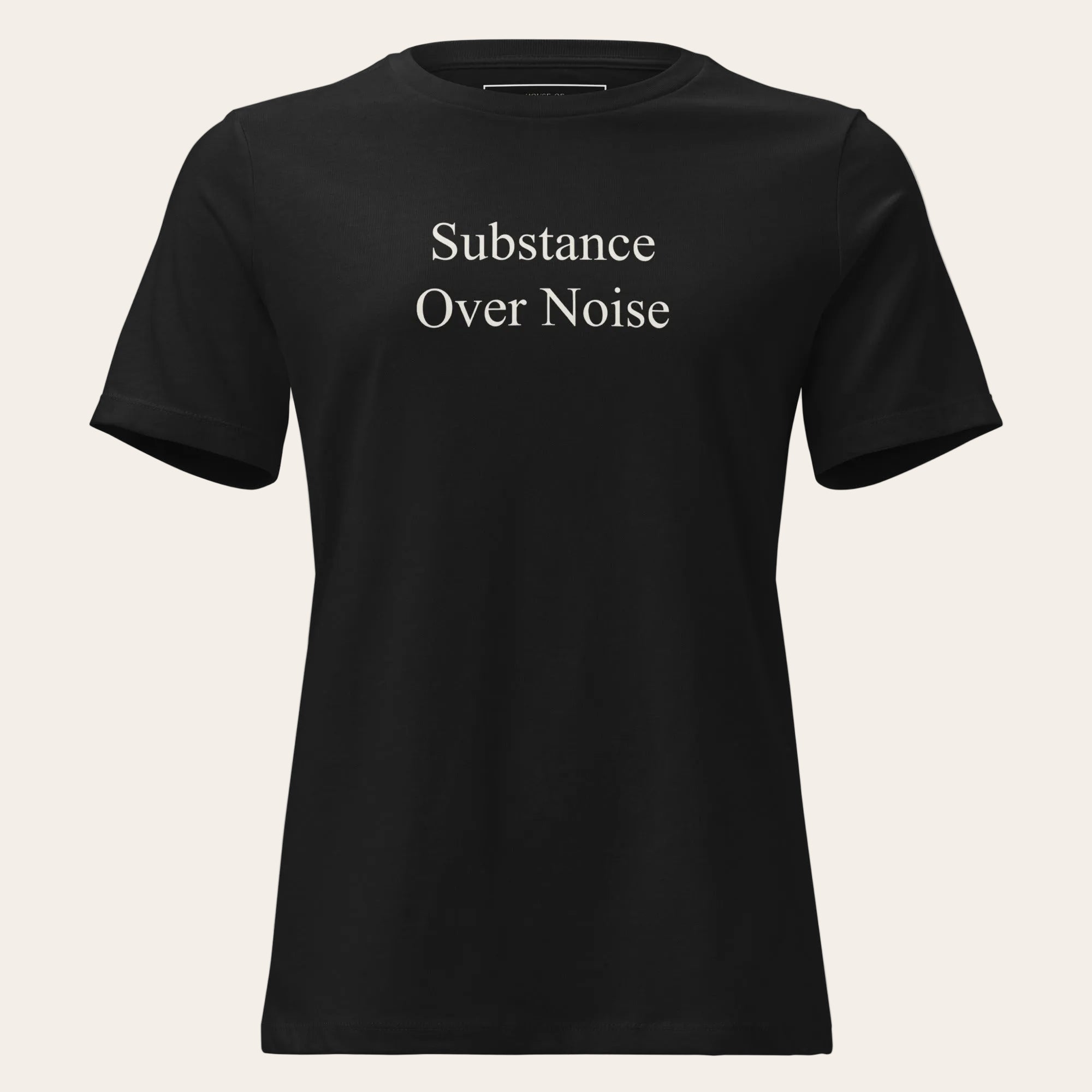 Black t-shirt with white graphic design on a white background