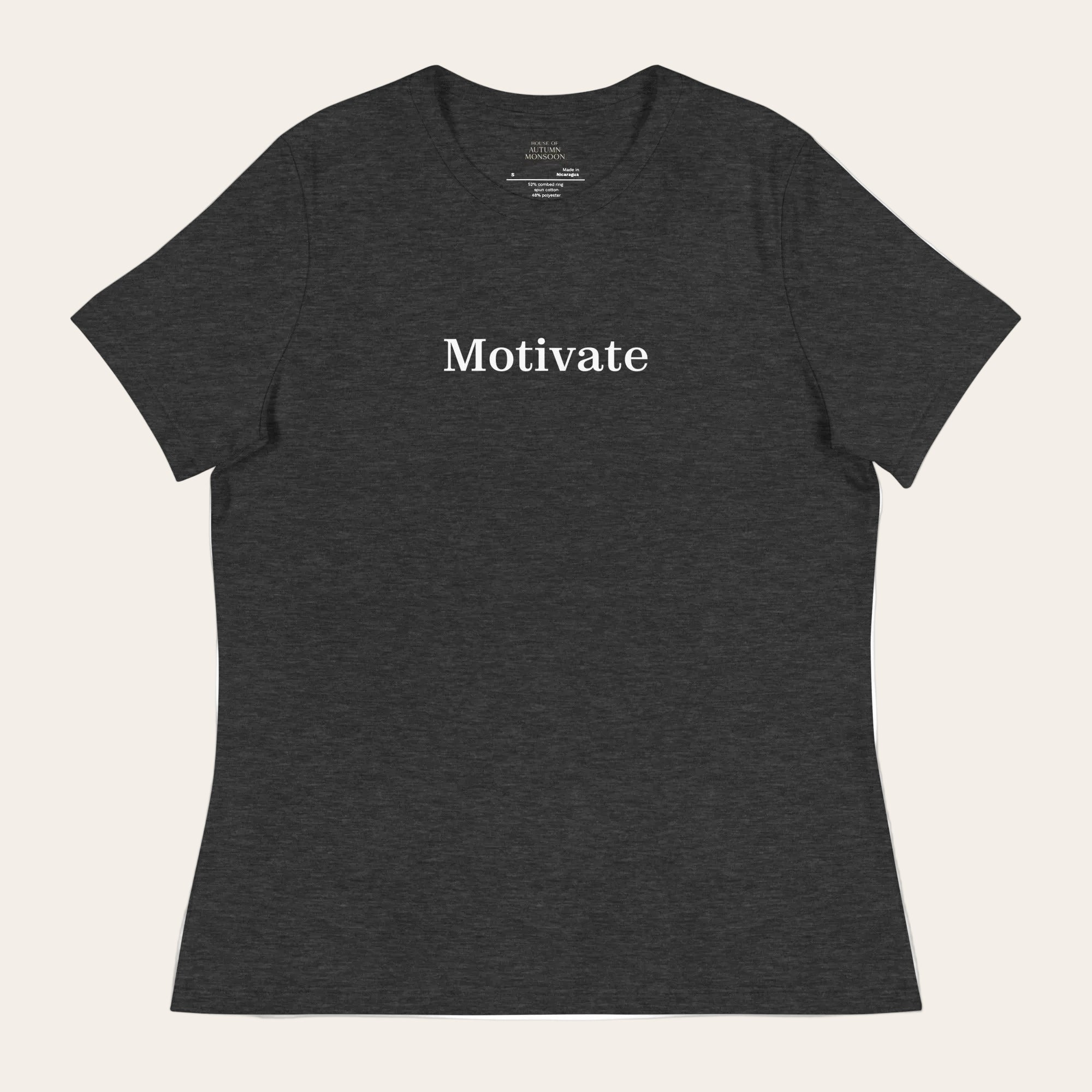 Dark gray t-shirt with 'Motivate' text on a white background