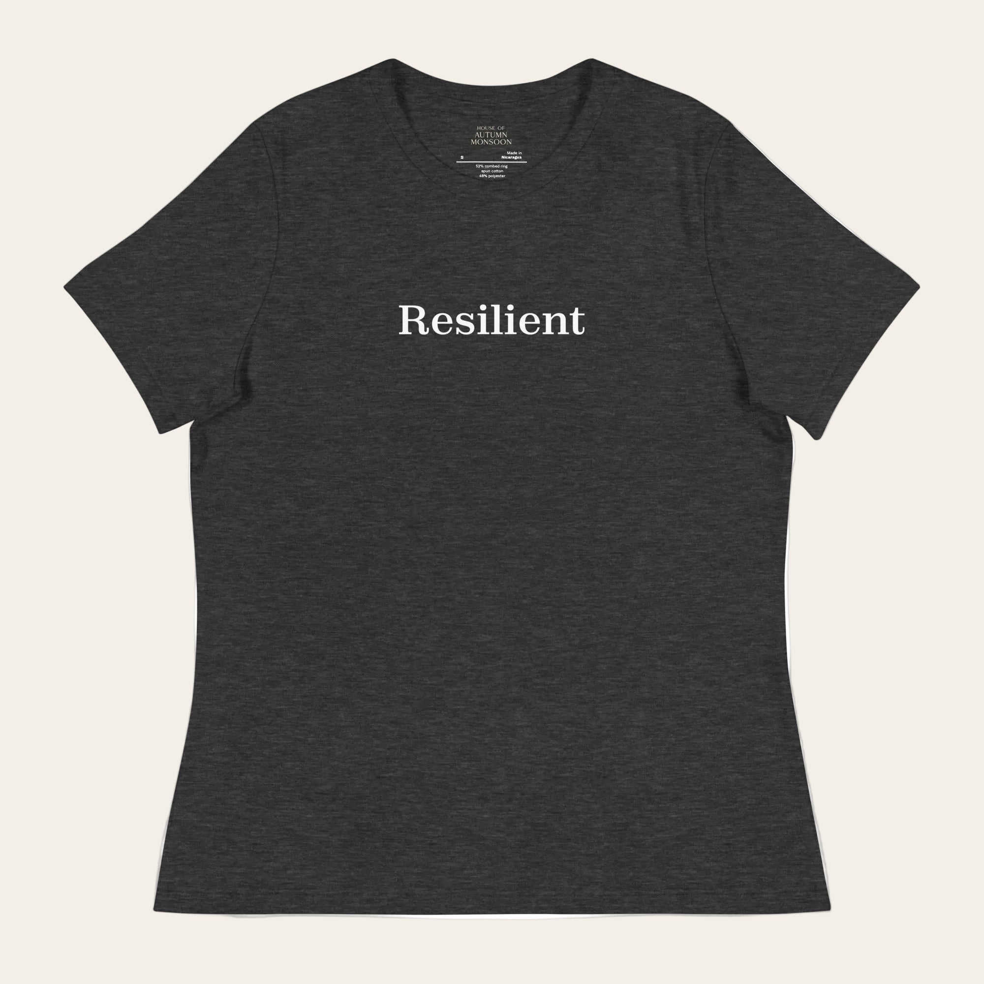 Dark gray t-shirt with 'Resilient' text on a white background