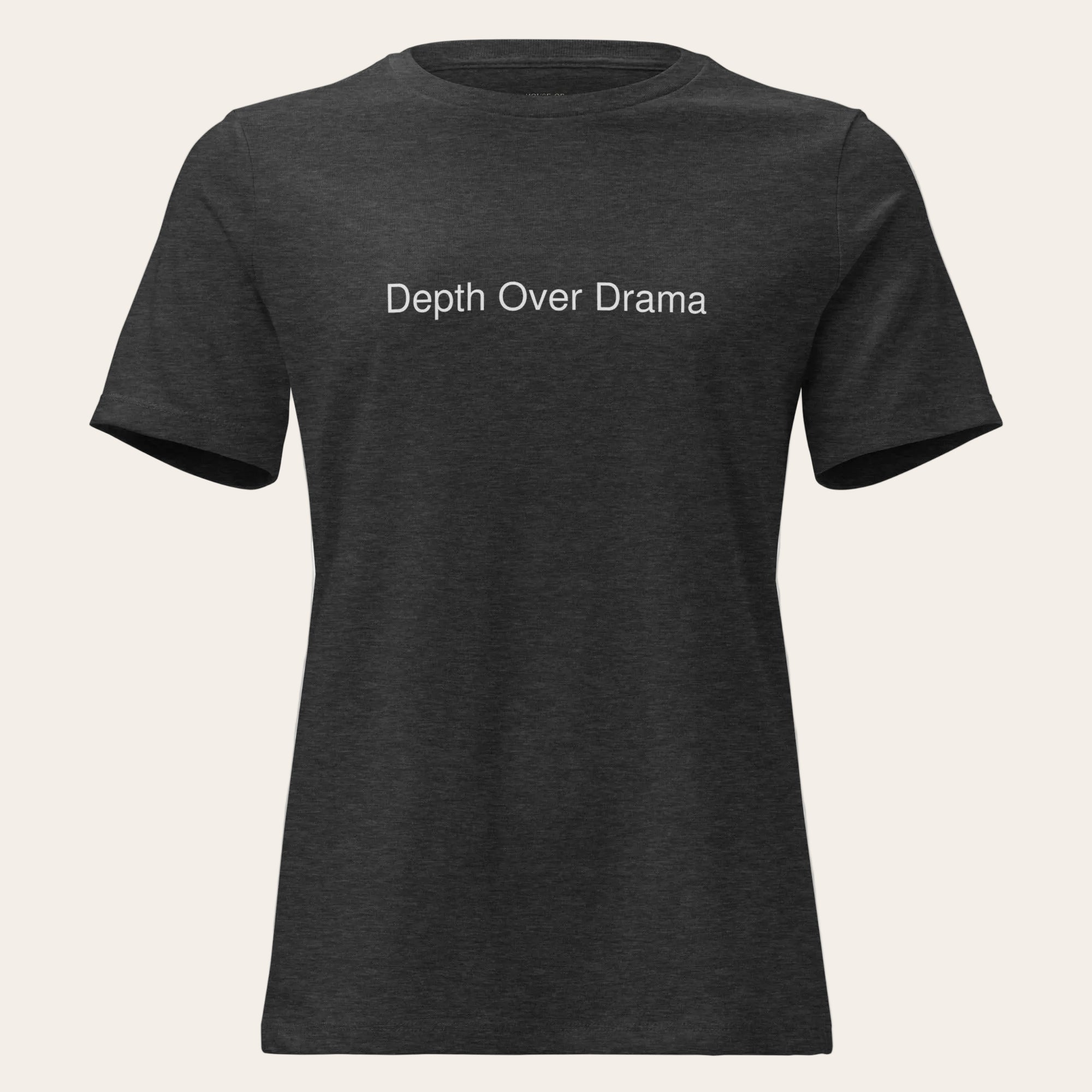 Black t-shirt with 'Depth Over Drama' text on a white background