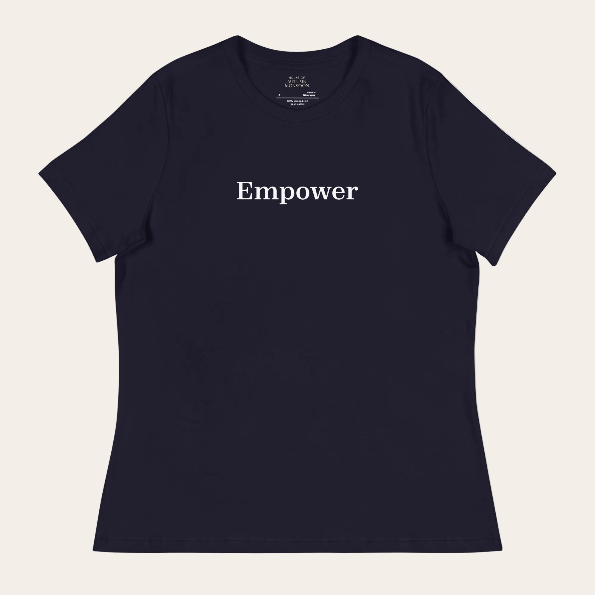Black t-shirt with 'Empower' text on a white background