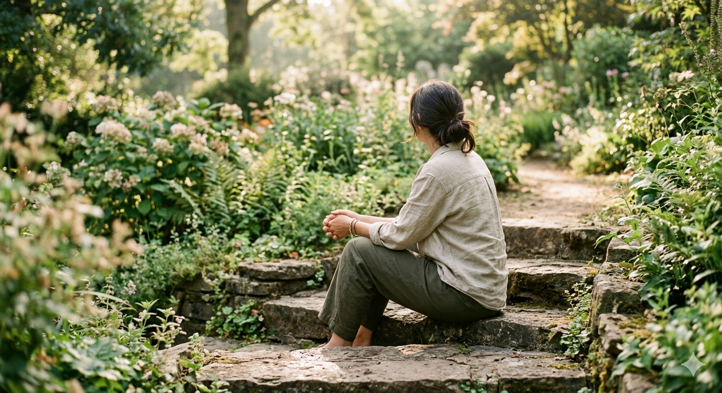 Person seated on stone steps with back to the camera in a garden.