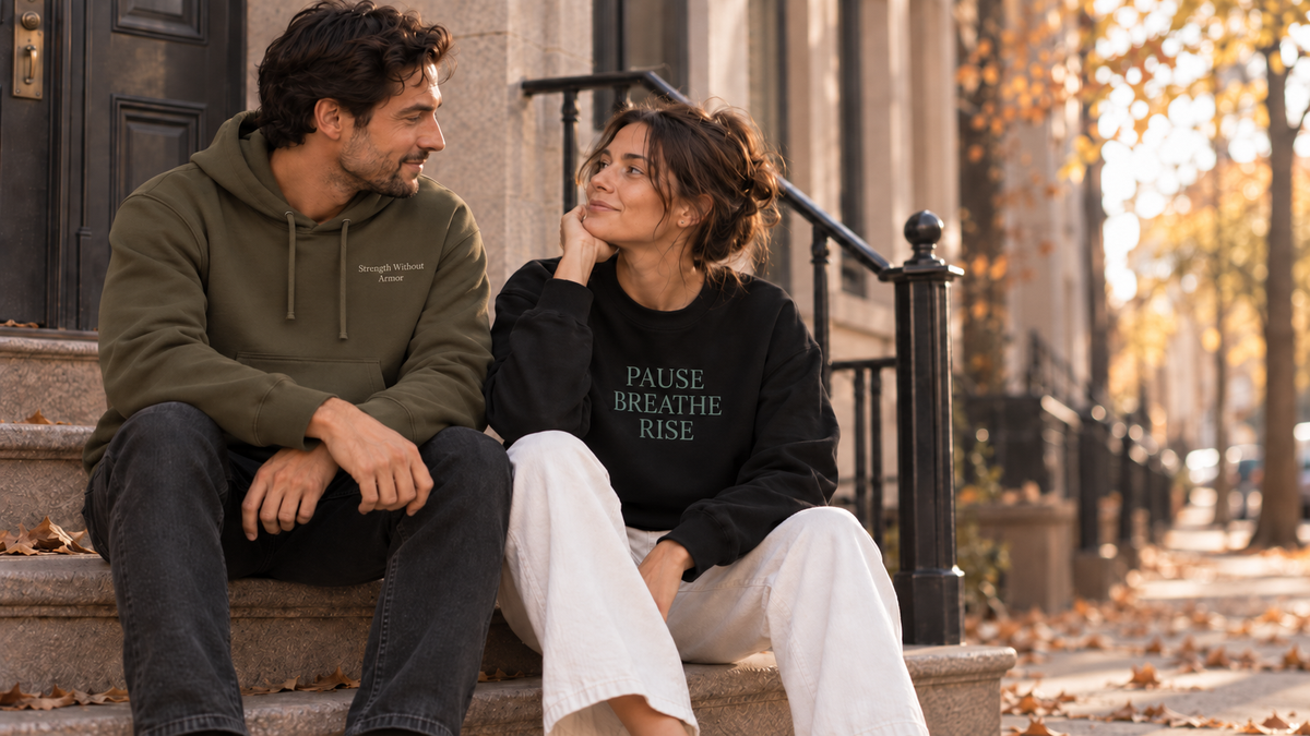 Two people sit on brownstone steps in fall. One wears an olive Strength Without Armor hoodie and the other a black Pause Breathe Rise crewneck.