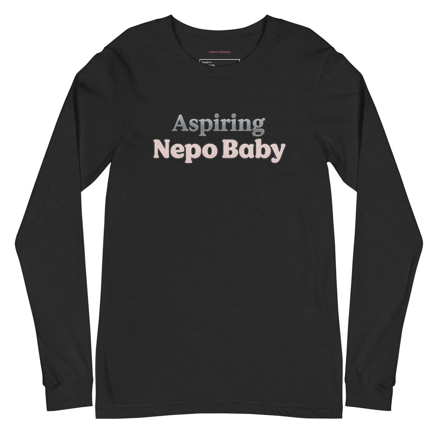 Black long-sleeve shirt with 'Aspiring Nepo Baby' text on a white background