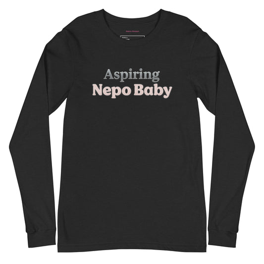 Black long-sleeve shirt with 'Aspiring Nepo Baby' text on a white background