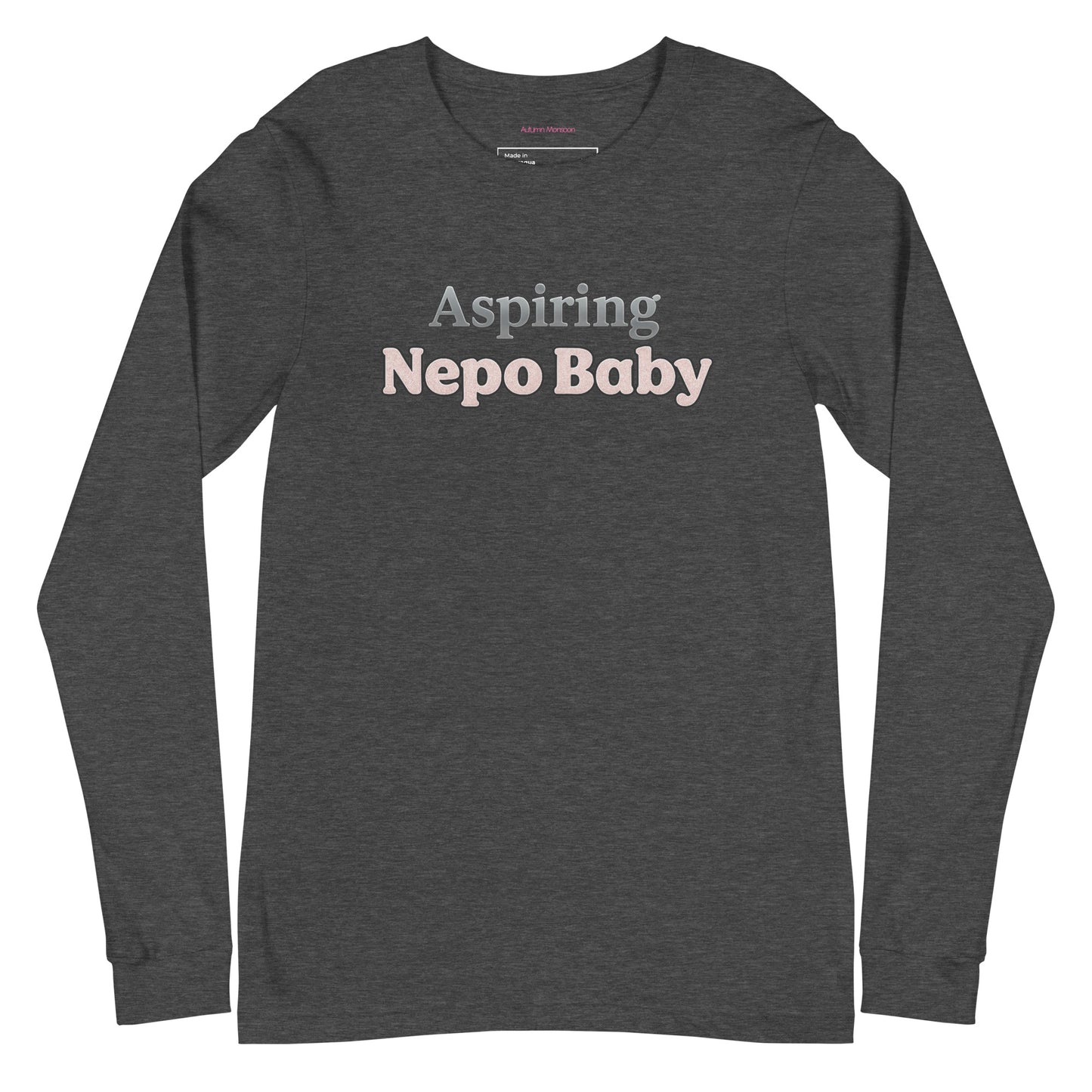 Gray long-sleeve shirt with 'Aspiring Nepo Baby' text on a white background