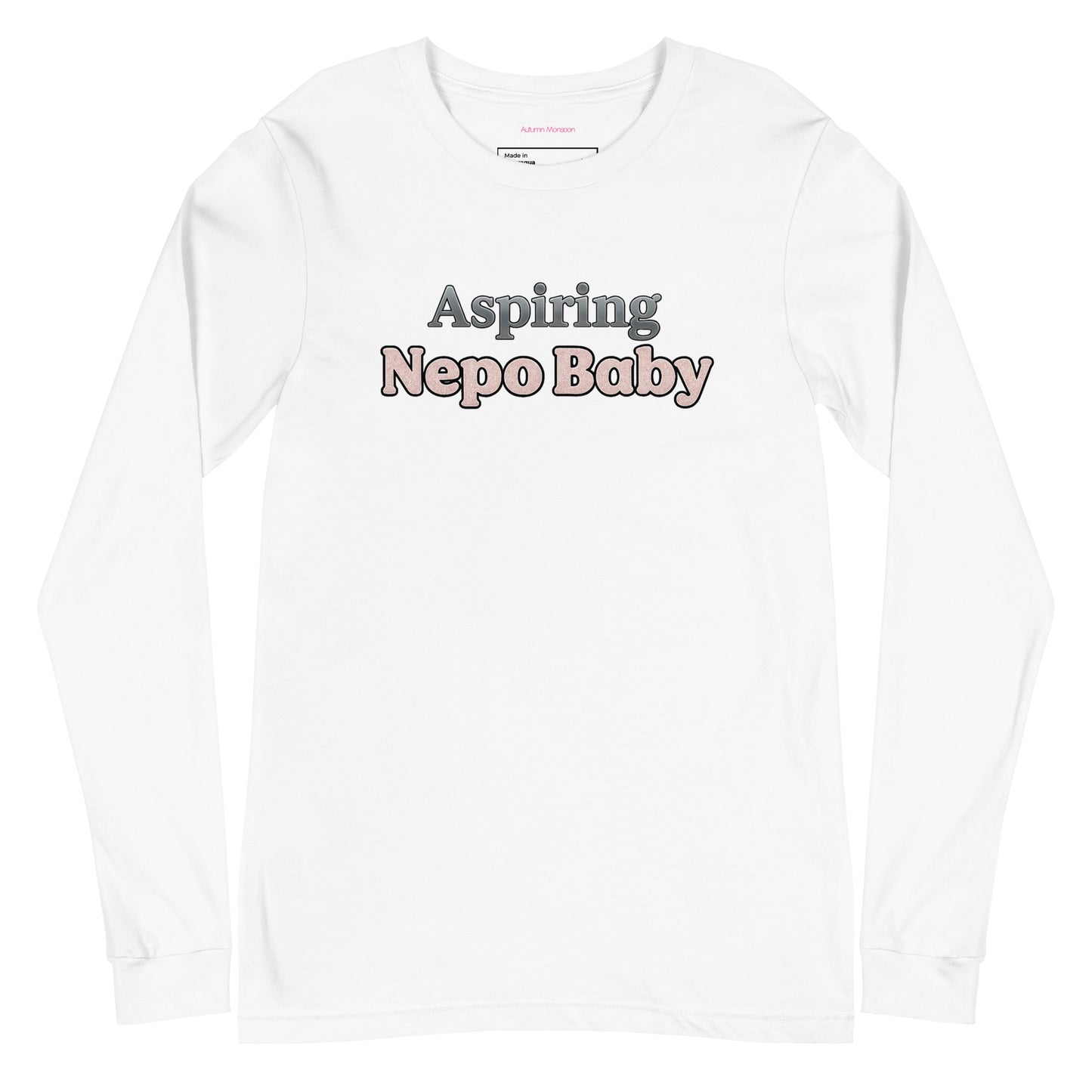 White long-sleeve shirt with 'Aspiring Nepo Baby' text on a white background