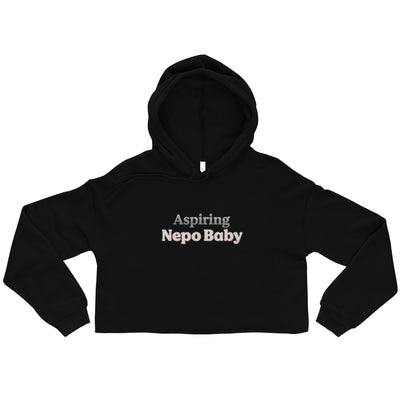 Black hoodie with 'Aspiring Nepo Baby' text on a white background