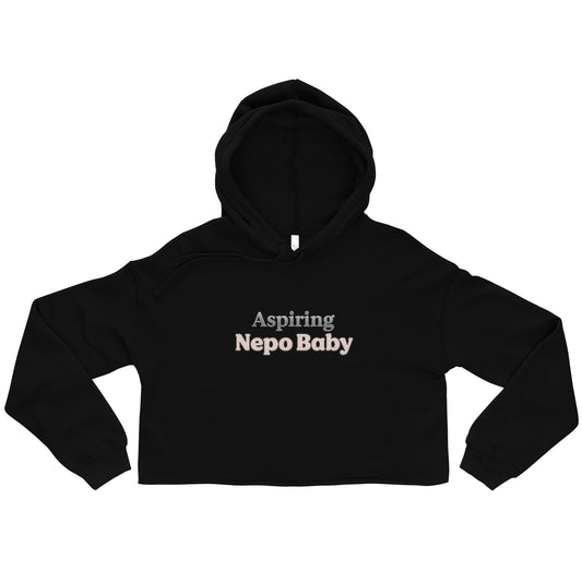 Black hoodie with 'Aspiring Nepo Baby' text on a white background