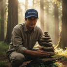 Person in a forest holding a stack of stones with 'BALANCE' cap