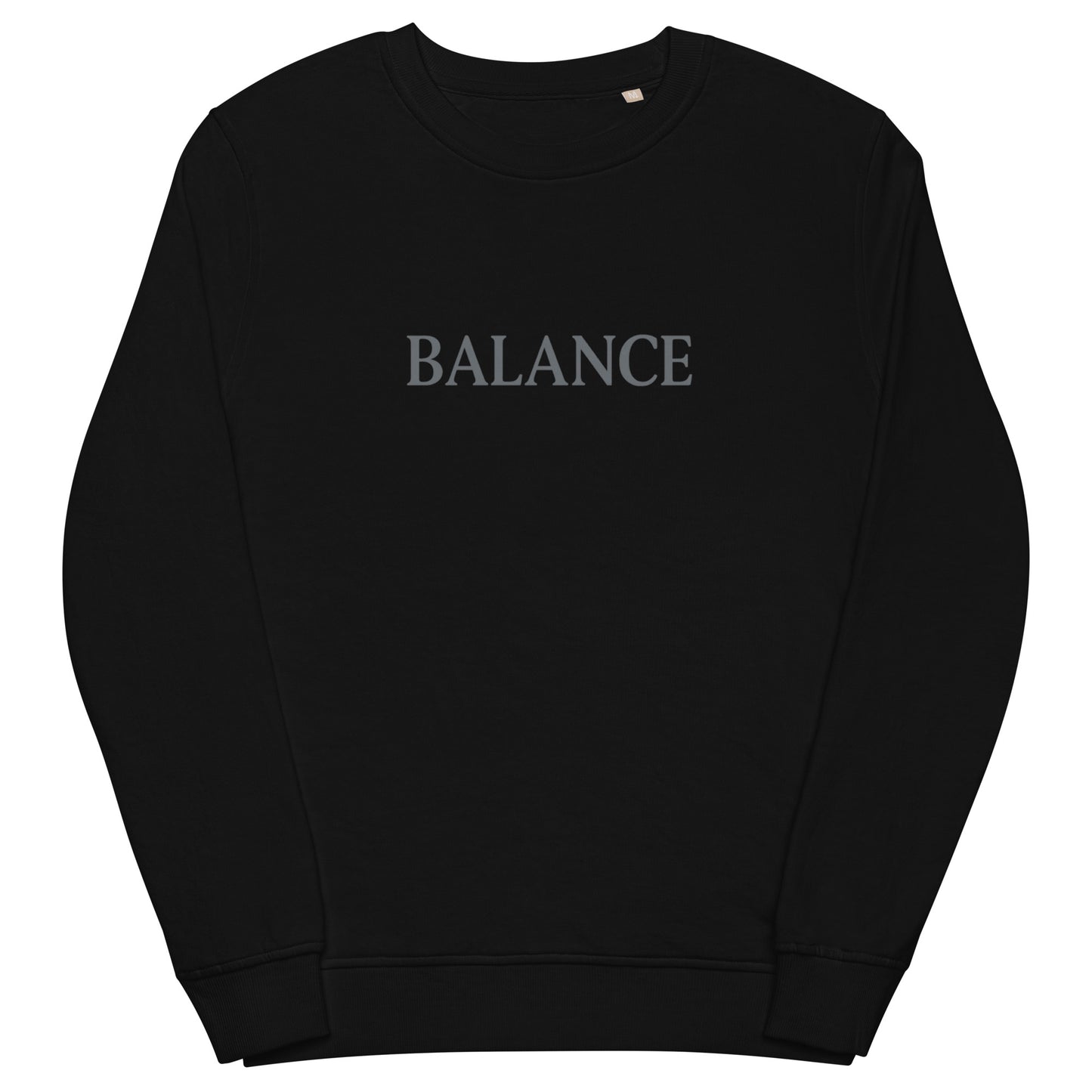 Black sweatshirt with 'BALANCE' text on a white background