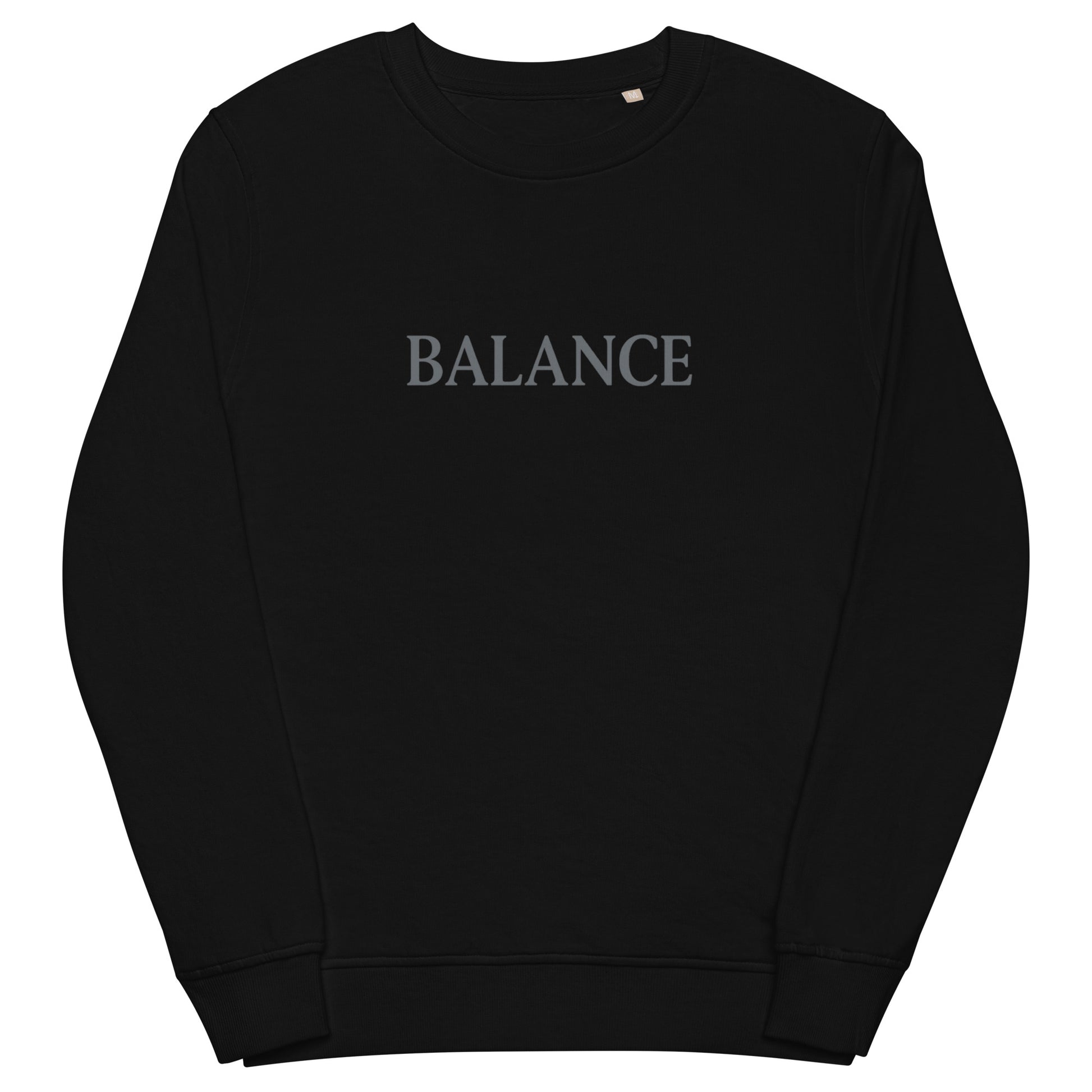 Black sweatshirt with 'BALANCE' text on a white background