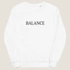 White sweatshirt with 'BALANCE' text on a white background