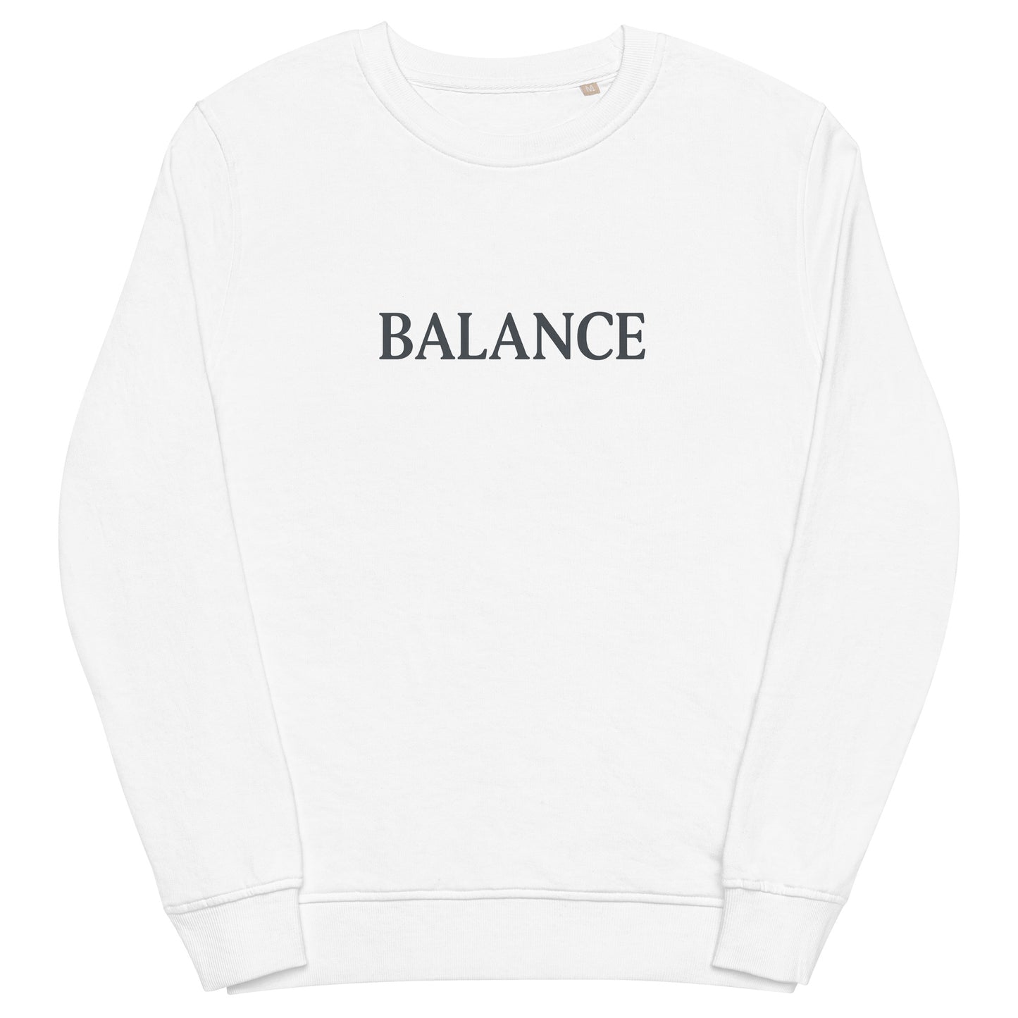 White sweatshirt with 'BALANCE' text on a white background
