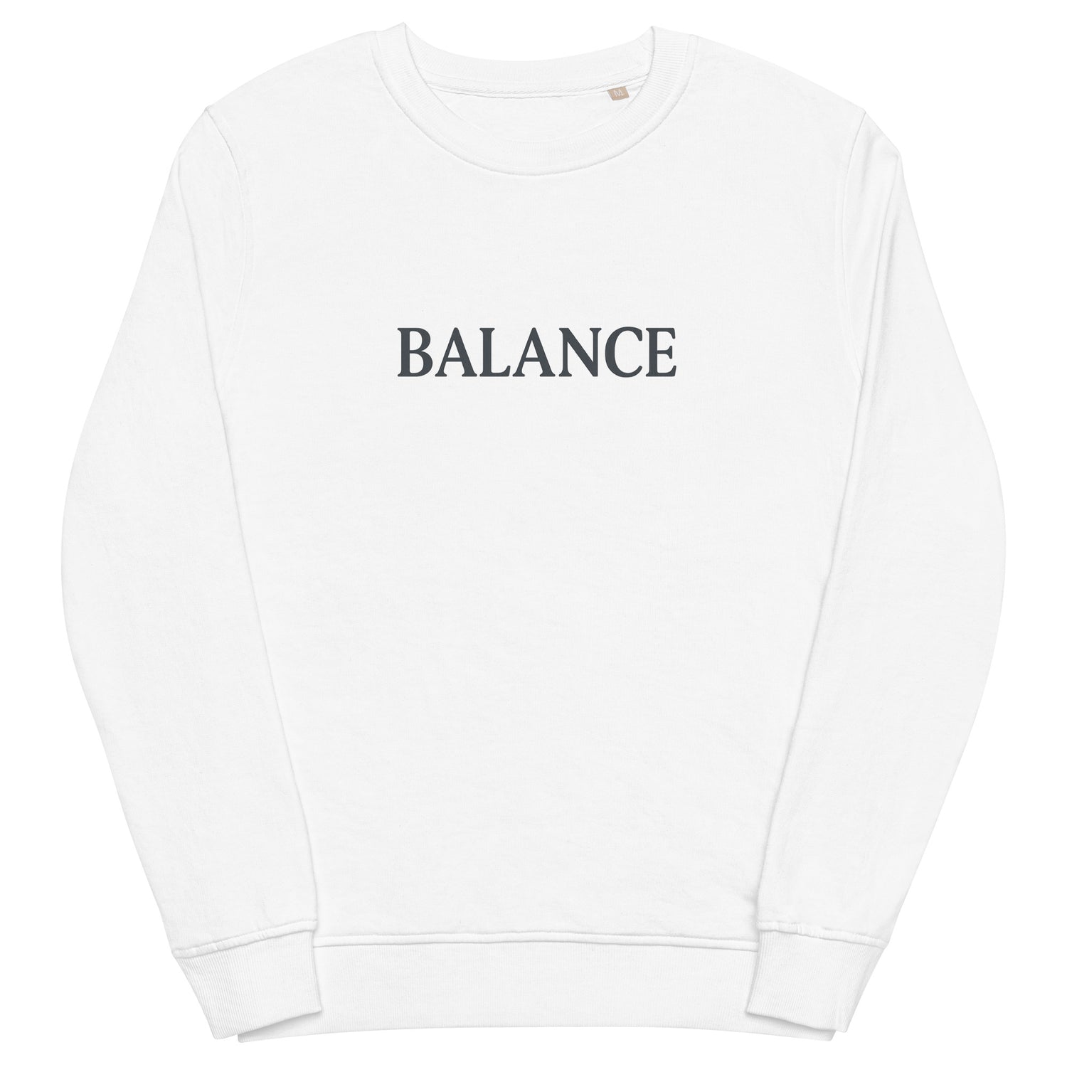 White sweatshirt with 'BALANCE' text on a white background