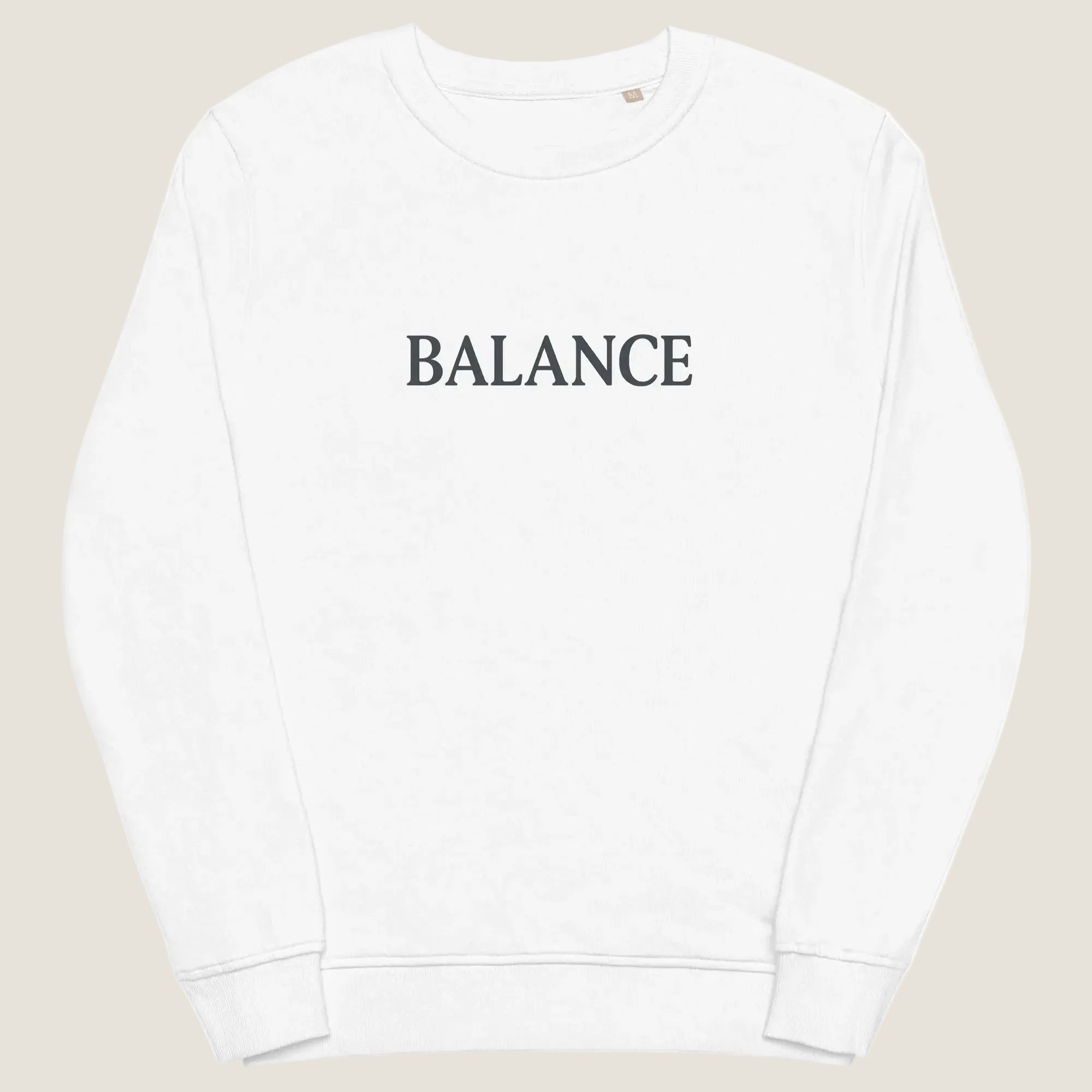 White sweatshirt with 'BALANCE' text on a white background