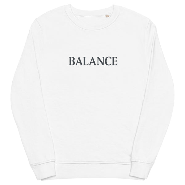 White sweatshirt with 'BALANCE' text on a white background
