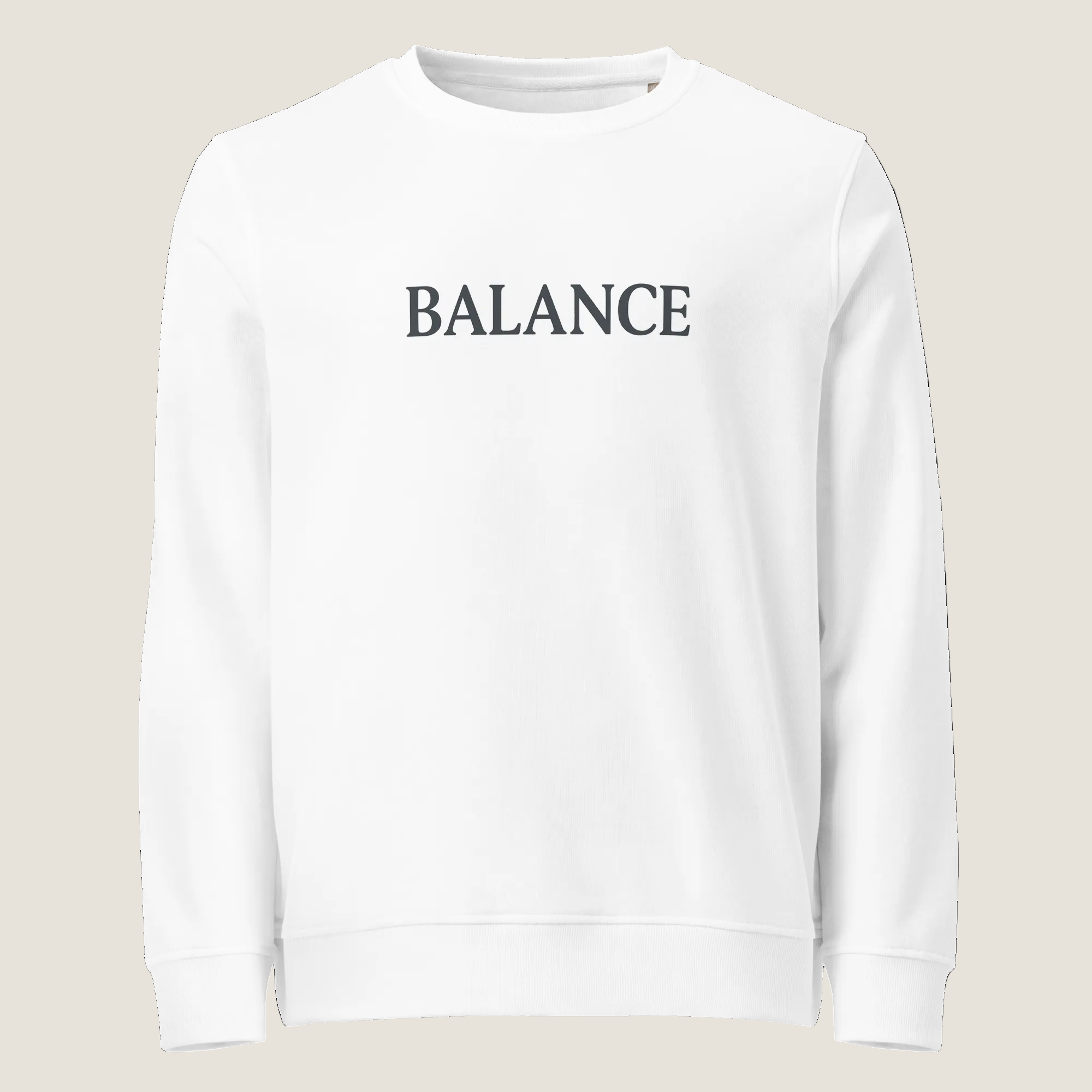 White crewneck sweatshirt with the word Balance across the chest.