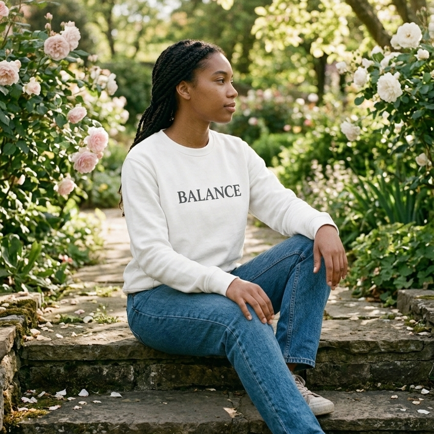 Woman sitting on stone steps in a garden wearing a white sweatshirt with 'BALANCE' text.