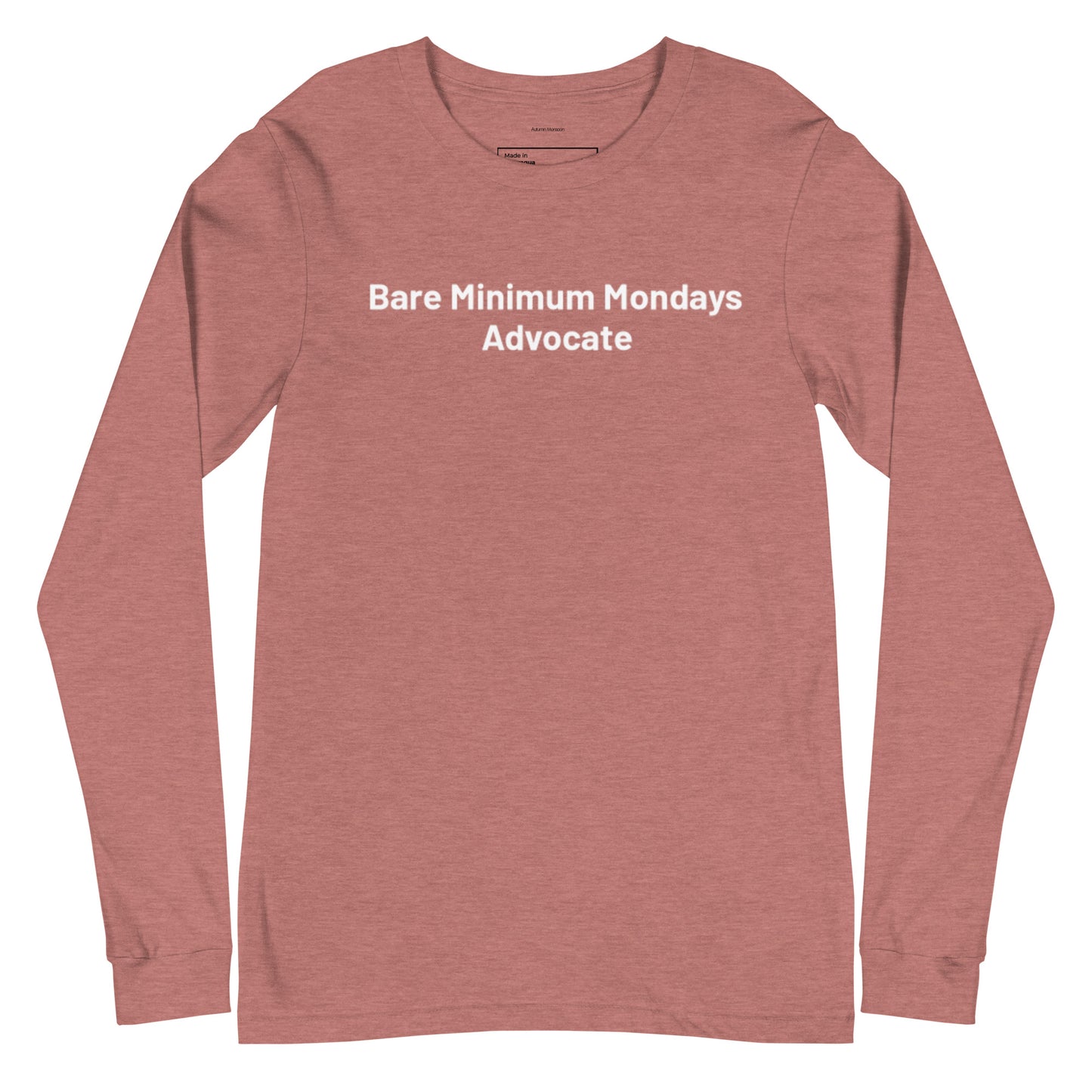 Red long-sleeve shirt with 'Bare Minimum Mondays Advocate' text on a white background
