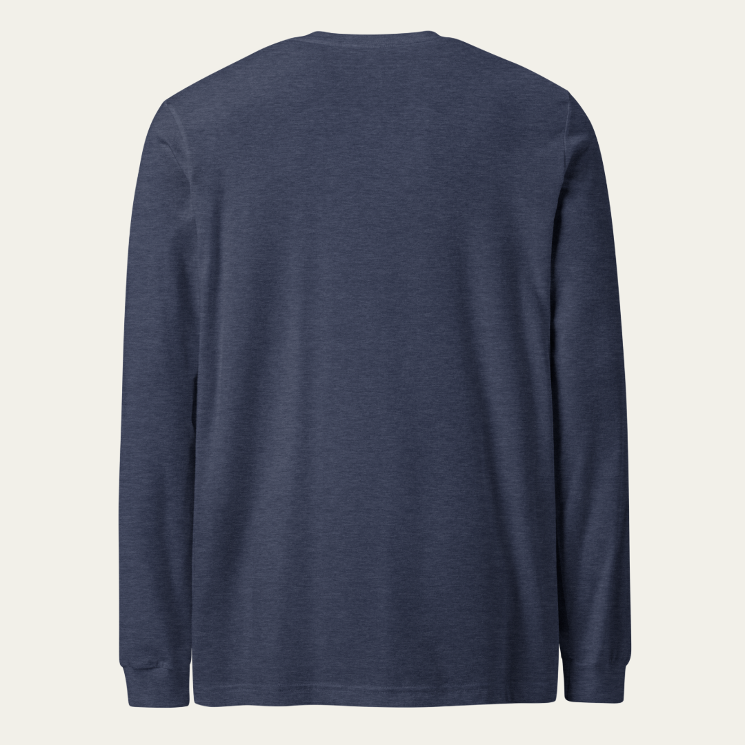 A navy blue long-sleeve crewneck shirt shown from the back, photographed flat against a light cream background.