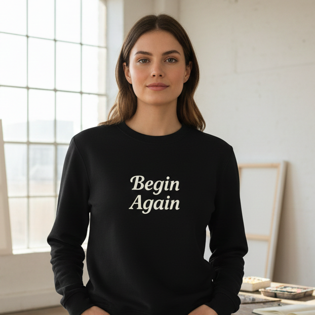 Woman in a studio wearing a black sweatshirt that says "Begin Again"