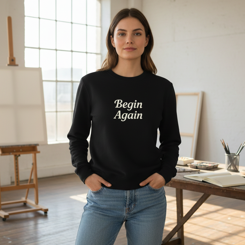 Woman in a studio wearing a black sweatshirt that says "Begin Again"