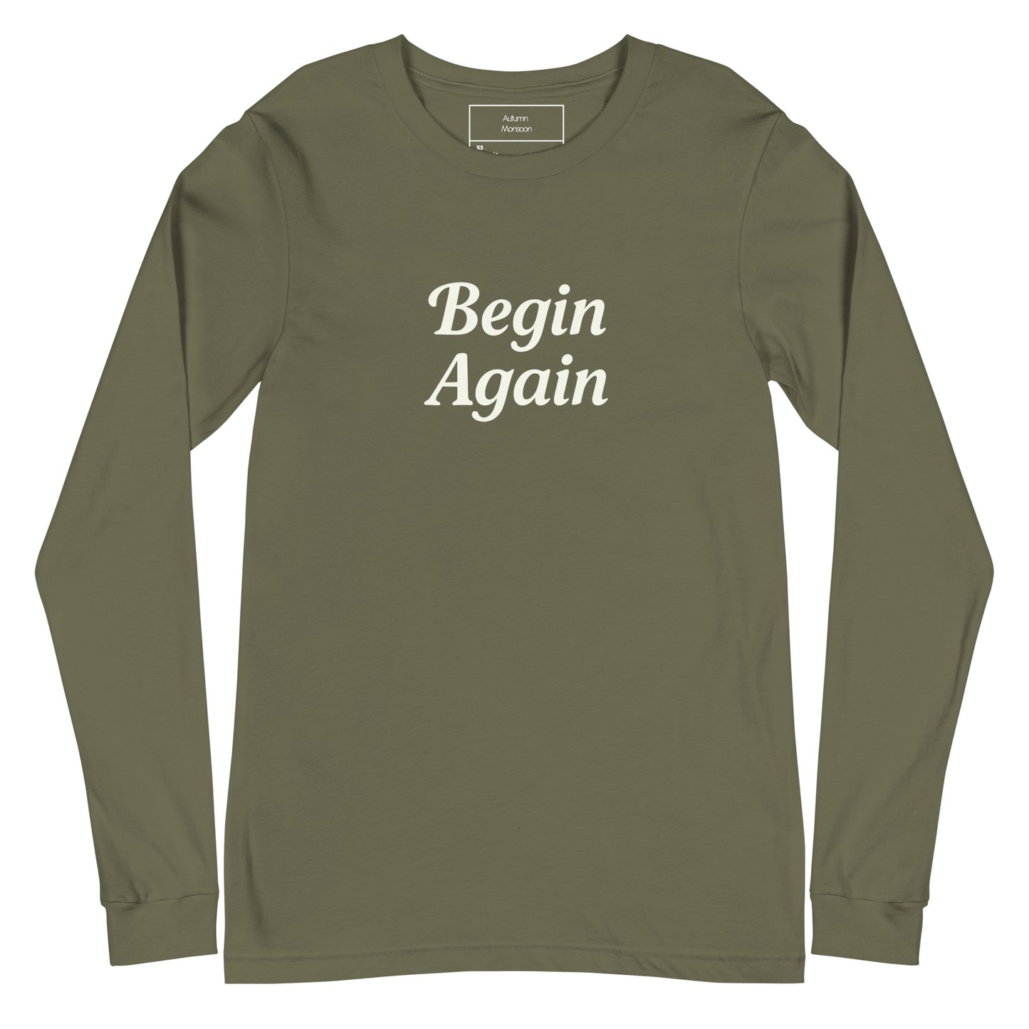 Green long-sleeve shirt with 'Begin Again' text on a white background