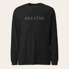 Black long-sleeve shirt with 'BREATHE' text on a white background